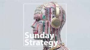 Podcast cover showing a beaded head sculpture with gold headphones and the title 'Sunday Strategy' overlaid.