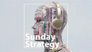 Podcast cover showing a beaded head sculpture with gold headphones and the title 'Sunday Strategy' overlaid.