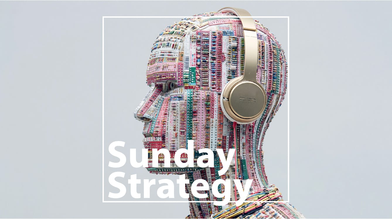 Podcast cover showing a beaded head sculpture with gold headphones and the title 'Sunday Strategy' overlaid.