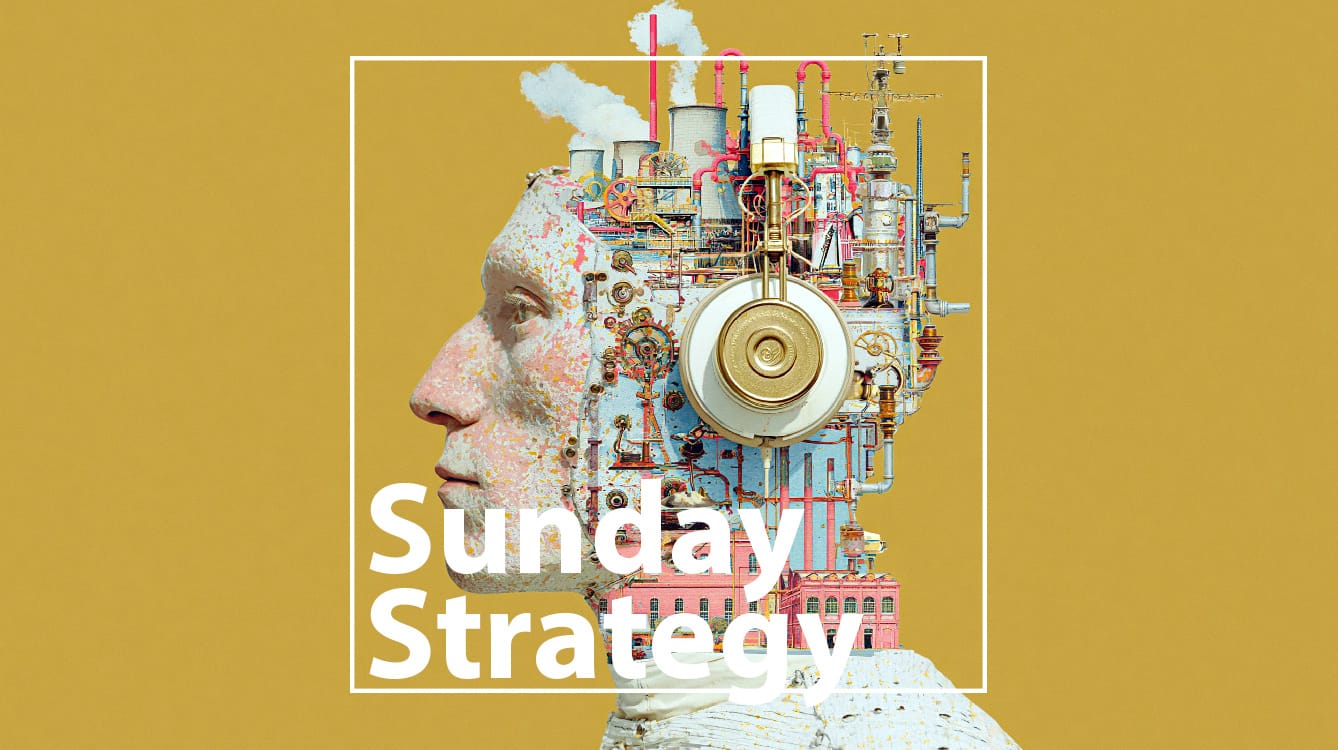 Profile of a classical bust fused with colorful factory machinery inside a white frame, with the words 'Sunday Strategy'.