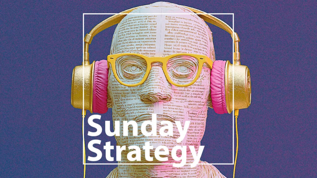 Illustrated head made of text Toni, wearing yellow glasses and pink headphones, over a blue background with a white frame and 'Sunday Strategy' text overlay.