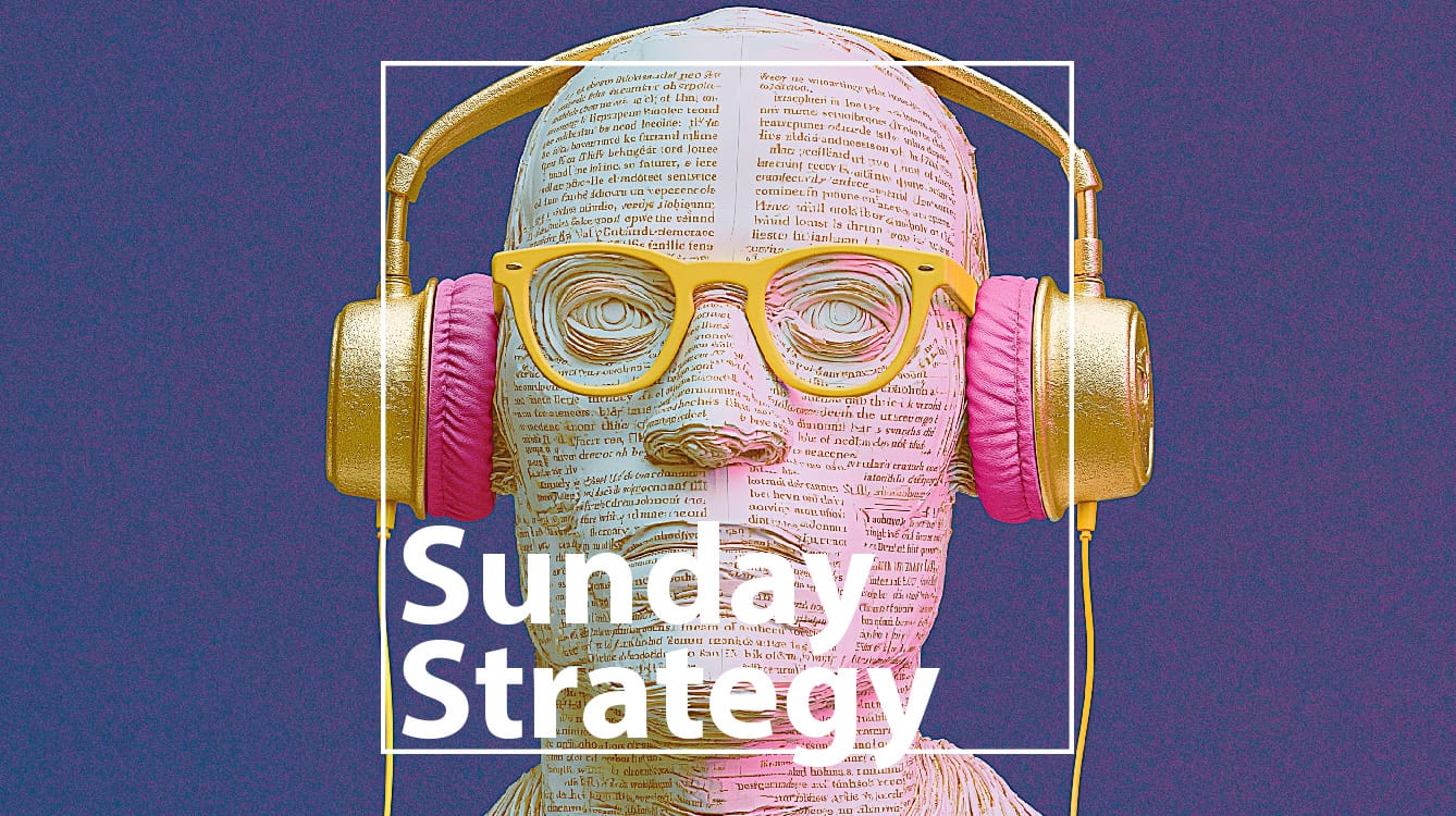 Illustrated head made of text Toni, wearing yellow glasses and pink headphones, over a blue background with a white frame and 'Sunday Strategy' text overlay.