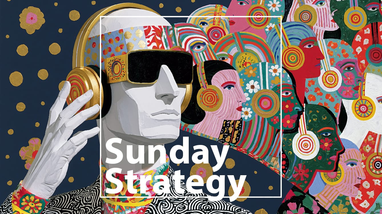 Sunday strategy (5. 25. 2026) » new classic White statue-like figure with oversized sunglasses and gold headphones in a vivid, abstract crowd; 'Sunday Strategy' overlaid in a white border box.