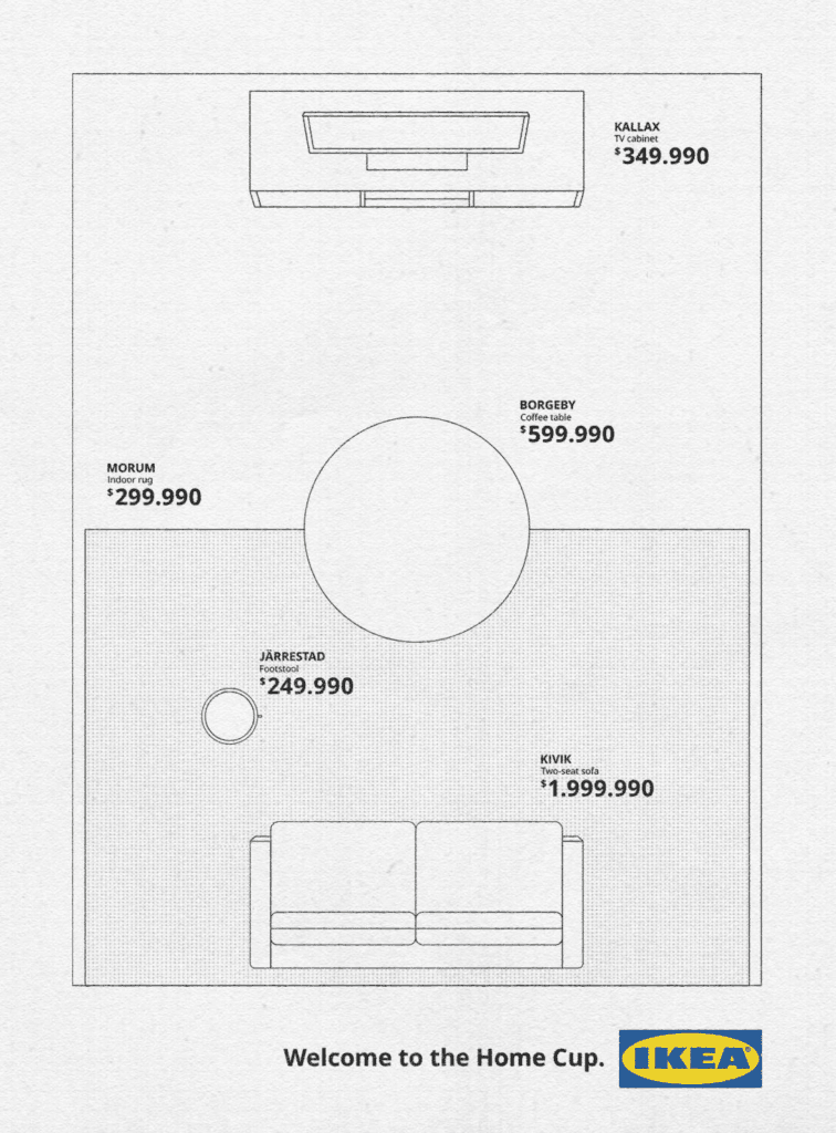 IKEA room layout showing furniture and prices: MORUM indoor rug 9.99 on left, JÄRRESTAD footstool 9.99, large central circular rug, KALLAX TV cabinet 9.99 top right, BORGBY coffee table 9.99, KIVIK two‑seat sofa  alt=