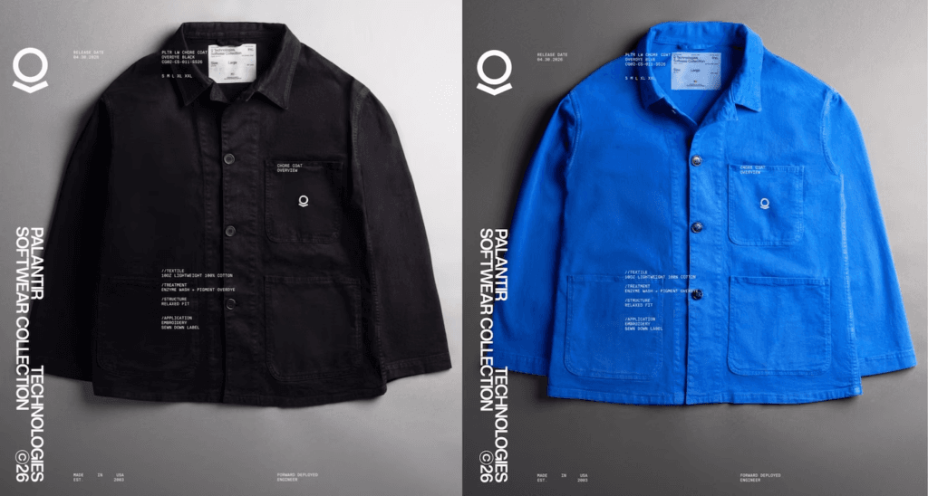 Two jackets shown side by side: black on the left and bright blue on the right, from the Palantir Softwear Collection lookbook/line. Tagged text along the edges indicates collection details and features.