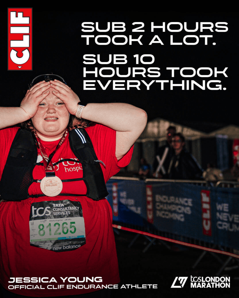 Poster of Jessica Young finishing a marathon: woman in red with a medal, hands on her head in relief, bib 81265, nighttime finish with sponsor banners and 'TCS London Marathon' branding.