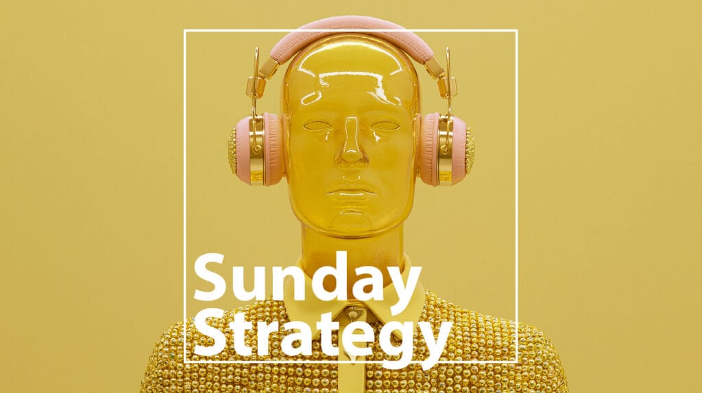 Golden mannequin wearing pink headphones and a beaded gold jacket, with 'Sunday Strategy' text overlay on a white frame.