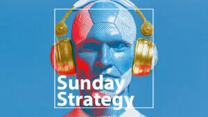 Blue-toned bust wearing gold headphones inside a white frame with bold 'Sunday Strategy' text, likely a podcast logo or cover art.