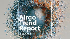 Abstract globe with blue and orange shards inside a white square frame, displaying 'Airgo Trend Report' and date 6.19.2026.