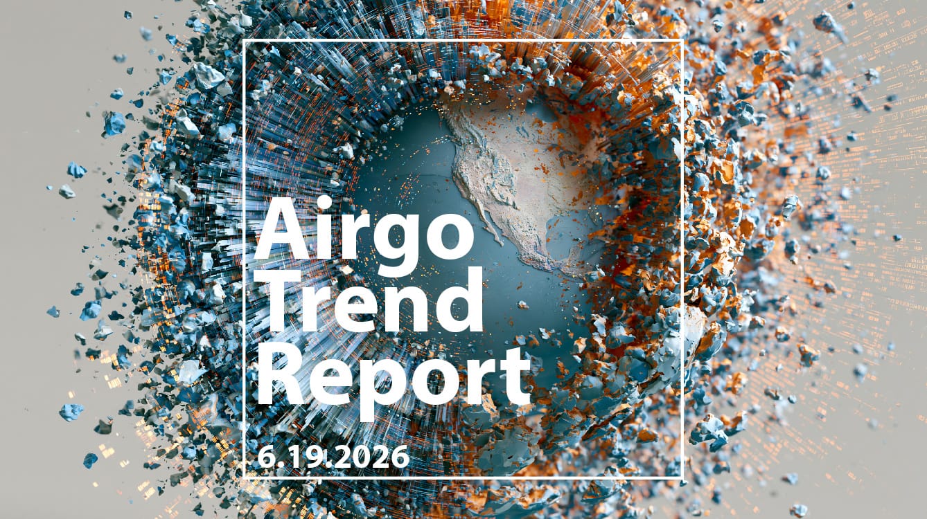 Abstract globe with blue and orange shards inside a white square frame, displaying 'Airgo Trend Report' and date 6.19.2026.