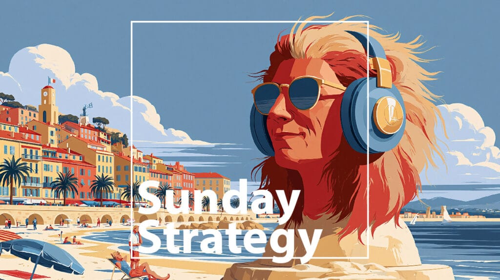 Cover art: a woman with oversized blue headphones and sunglasses at a sunny seaside town; bold 'Sunday Strategy' text overlay.