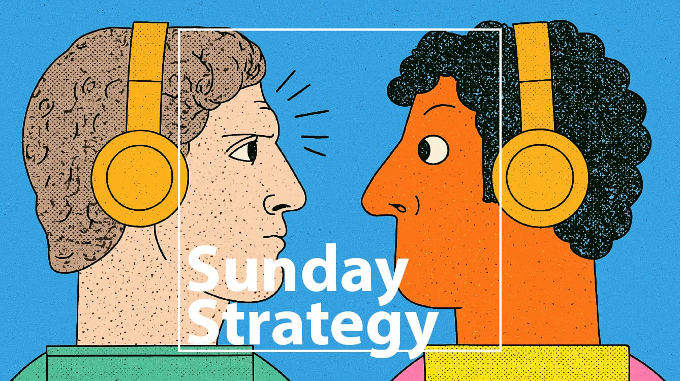Sunday strategy (6. 1. 2026) » new classic Two cartoon figures wearing large yellow headphones face each other against a blue background; overlaid with 'Sunday Strategy', signaling a podcast banner