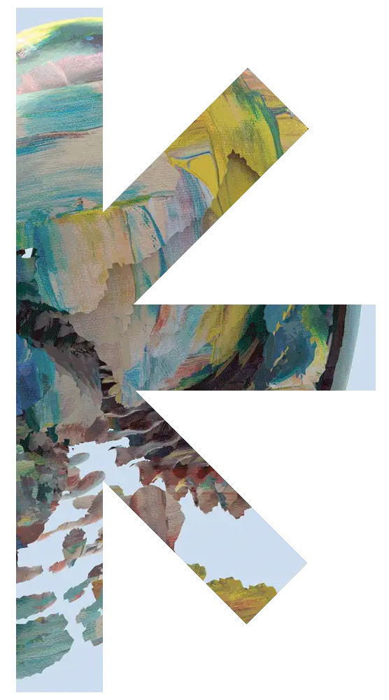 A bold letter K filled with a colorful abstract painting on a light blue background, forming a stylized typographic logo (decorative image).