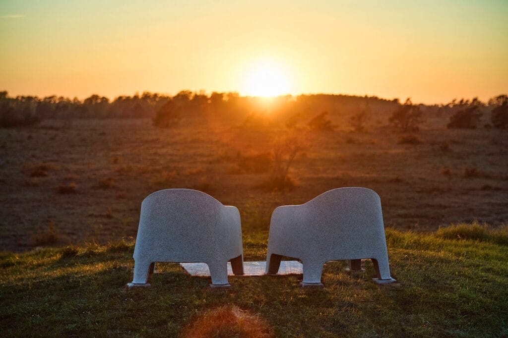 Three white plastic chairs facing away on grass at sunset, with a warm orange sky and a distant tree line.