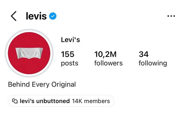 Levi's profile header: red circular logo, blue verification badge, stats (155 posts, 10.2M followers, 34 following) and the bio 'Behind Every Original'.