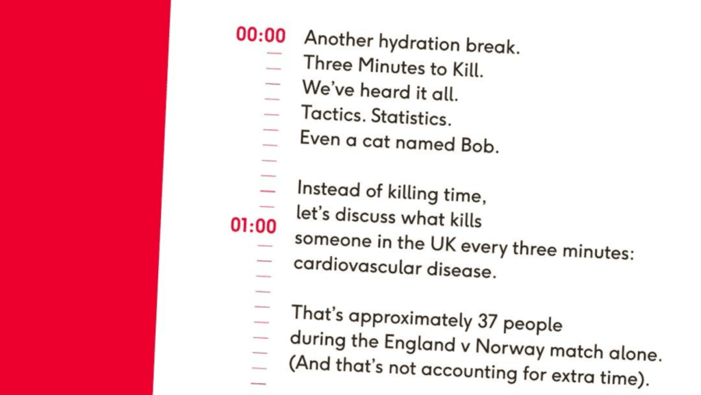Timeline-style slide showing random phrases and a call to discuss what kills people in the UK every three minutes (cardiovascular disease).