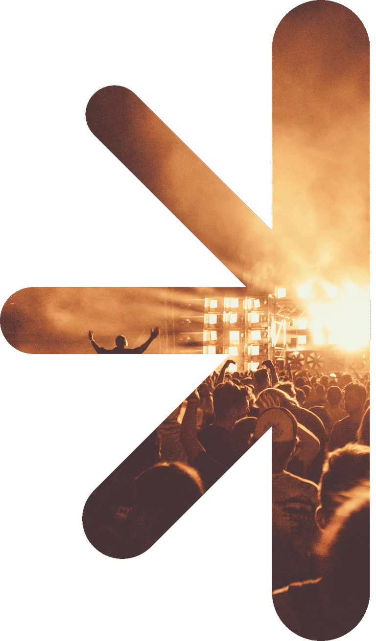 Energetic concert crowd with raised hands and a bright stage, overlaid by warm orange abstract shapes