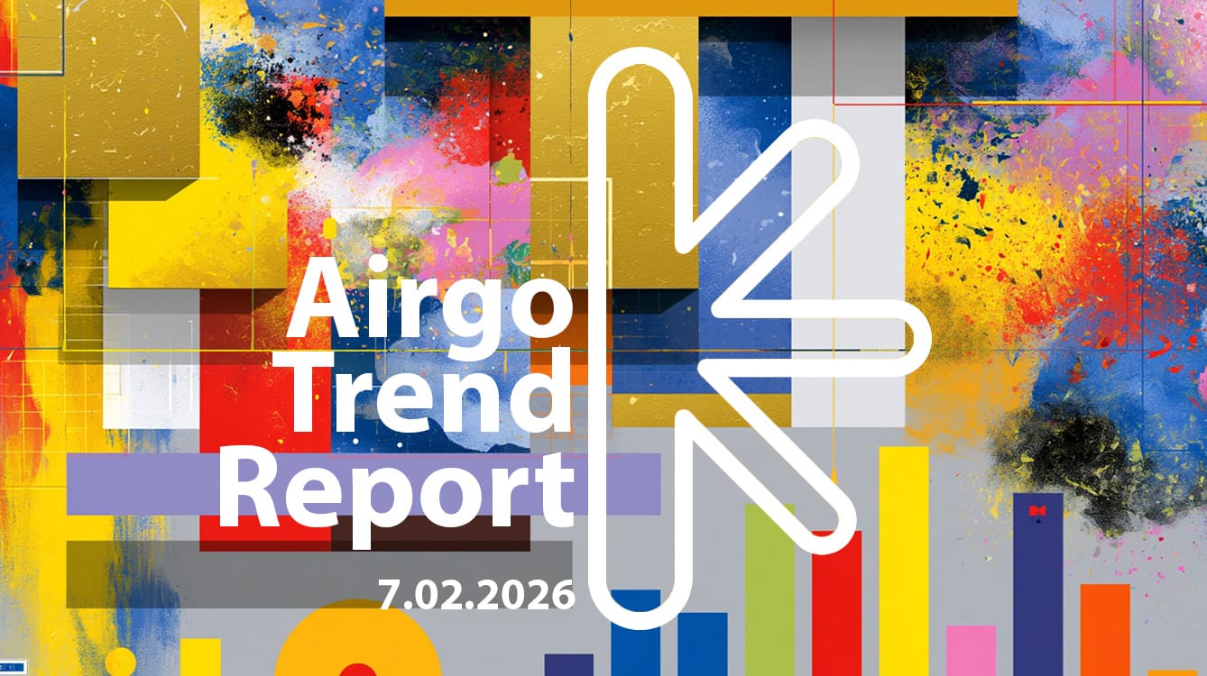 Colorful abstract mural with blocks and paint splatters, overlaid with 'Airgo Trend Report' and date 7.02.2026.