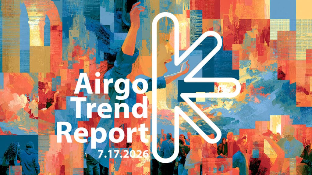 Airgo trend report: 7. 17. 2026 – new classic – new classic Cover for Áirgo Trend Report (7.17.2026): multicolored abstract collage with a large white geometric symbol.