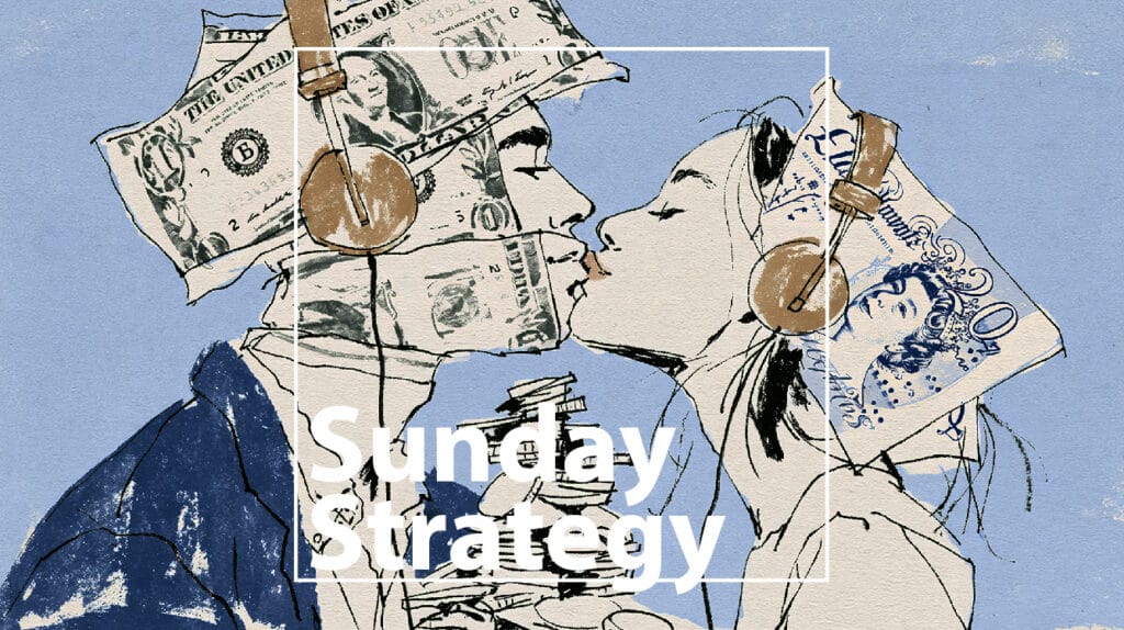 Sunday strategy (7. 12. 2026) – new classic – new classic Illustration of a couple kissing, with money sheets forming hats and headphones around their heads, overlaid by the words 'Sunday Strategy' in a white frame.