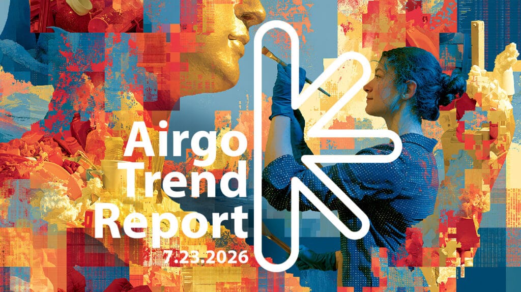 Airgo trend report: 7. 23. 2026 – new classic – new classic Cover for ‘Airo Trend Report’: painter on the right, bold white title on the left, colorful mosaic background, date 7.23.2026, and a white abstract symbol.