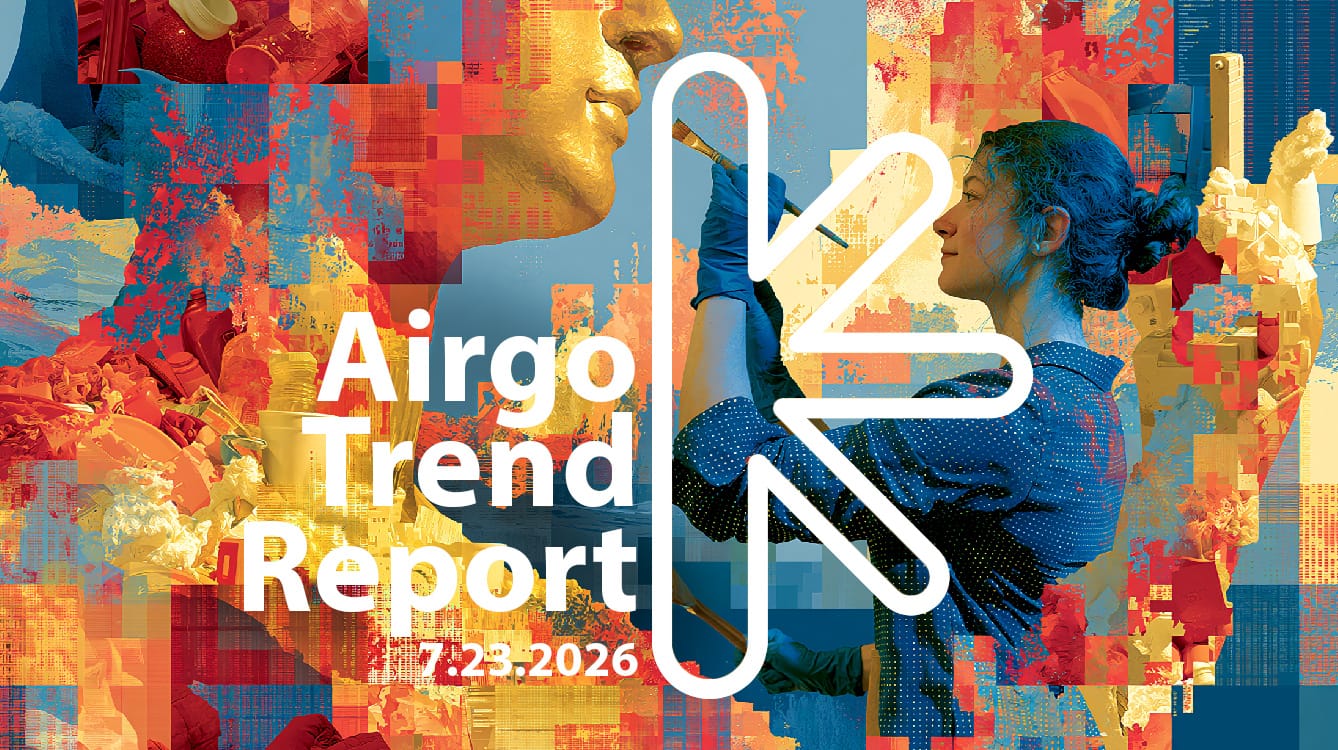 Airgo trend report: 7. 23. 2026 – new classic Cover for ‘Airo Trend Report’: painter on the right, bold white title on the left, colorful mosaic background, date 7.23.2026, and a white abstract symbol.