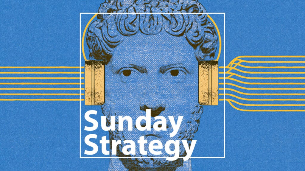 Sunday strategy (7. 28. 2026) – new classic – new classic Blue classical bust with yellow headphones inside a white frame and 'Sunday Strategy' headline.