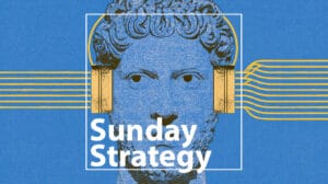Blue classical bust with yellow headphones inside a white frame and 'Sunday Strategy' headline.