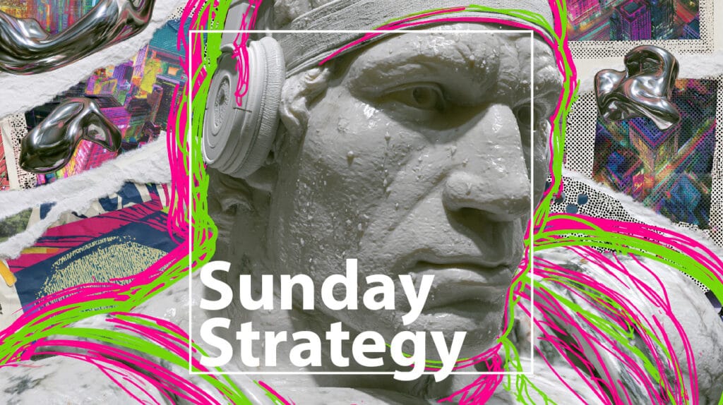 Sunday strategy (7. 6. 2026) – new classic – new classic Collage poster featuring a plaster head wearing headphones and bold 'Sunday Strategy' text, with bright pink/green scribbles and urban collage background.