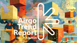 Colorful abstract collage with floating orange cubes, a large white Airgo logo, and the text 'Airgo Trend Report 7.2.2026'.