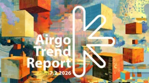 Colorful abstract collage with floating orange cubes, a large white Airgo logo, and the text 'Airgo Trend Report 7.2.2026'.
