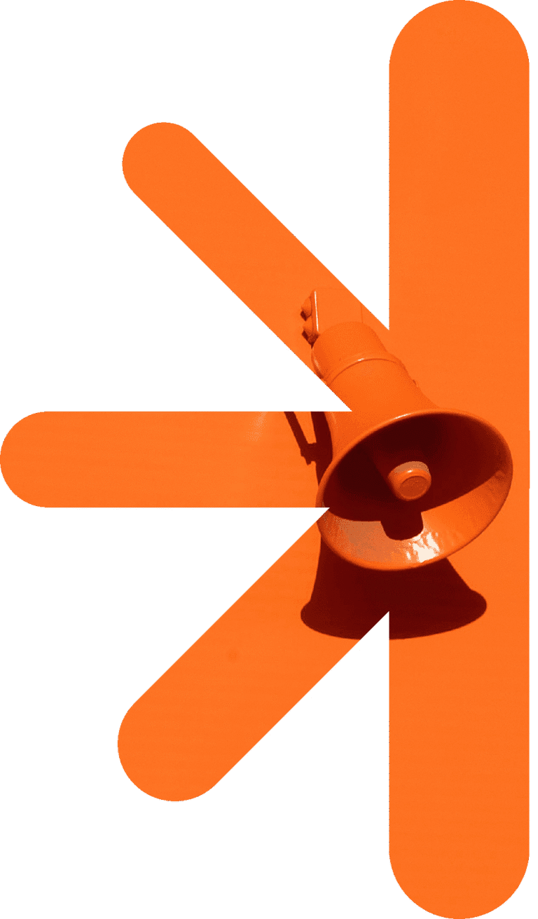 Half logo - megaphone – new classic – new classic Orange abstract graphic with a megaphone in the bottom-right, suggesting an announcement or alert