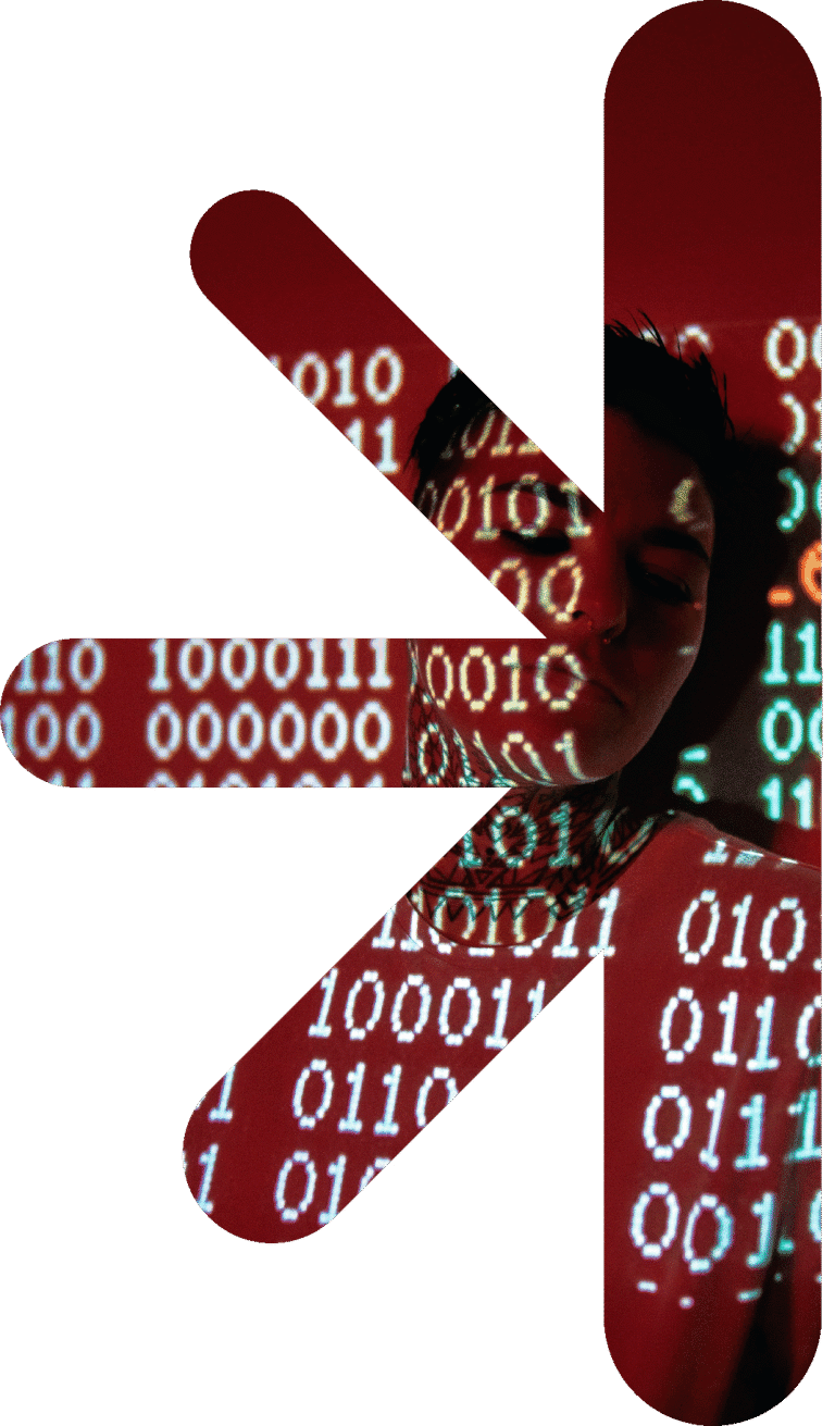 Abstract red geometric shape forming a stylized 'K' over a person with a binary code backdrop, symbolizing data and technology
