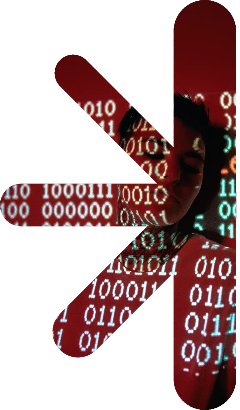Abstract red geometric shape forming a stylized 'K' over a person with a binary code backdrop, symbolizing data and technology