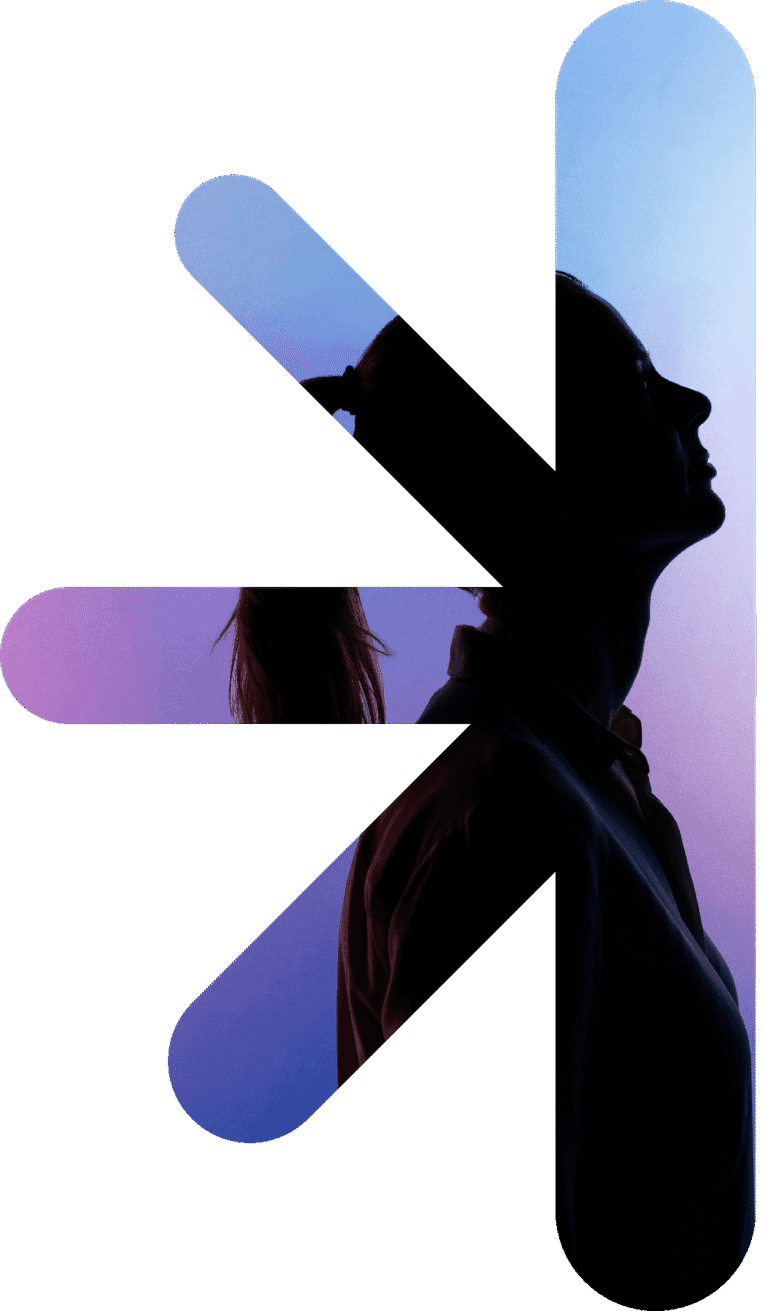 Profile silhouette of a person against a blue–purple gradient with white geometric overlays.