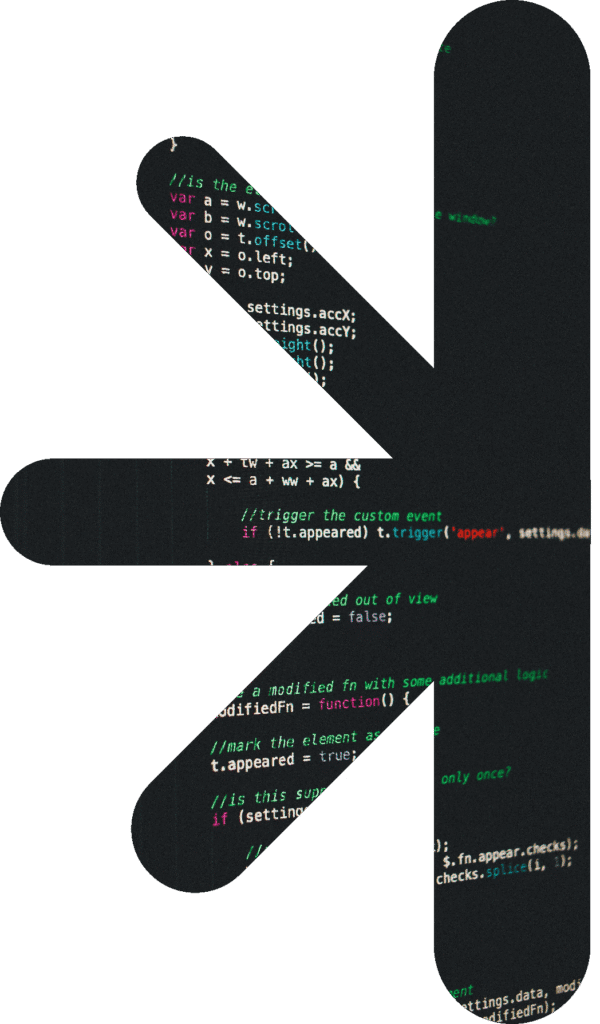 Half logo - technology code – new classic – new classic Decorative graphic: a white abstract shape overlaying a dark computer code background with colorful syntax.