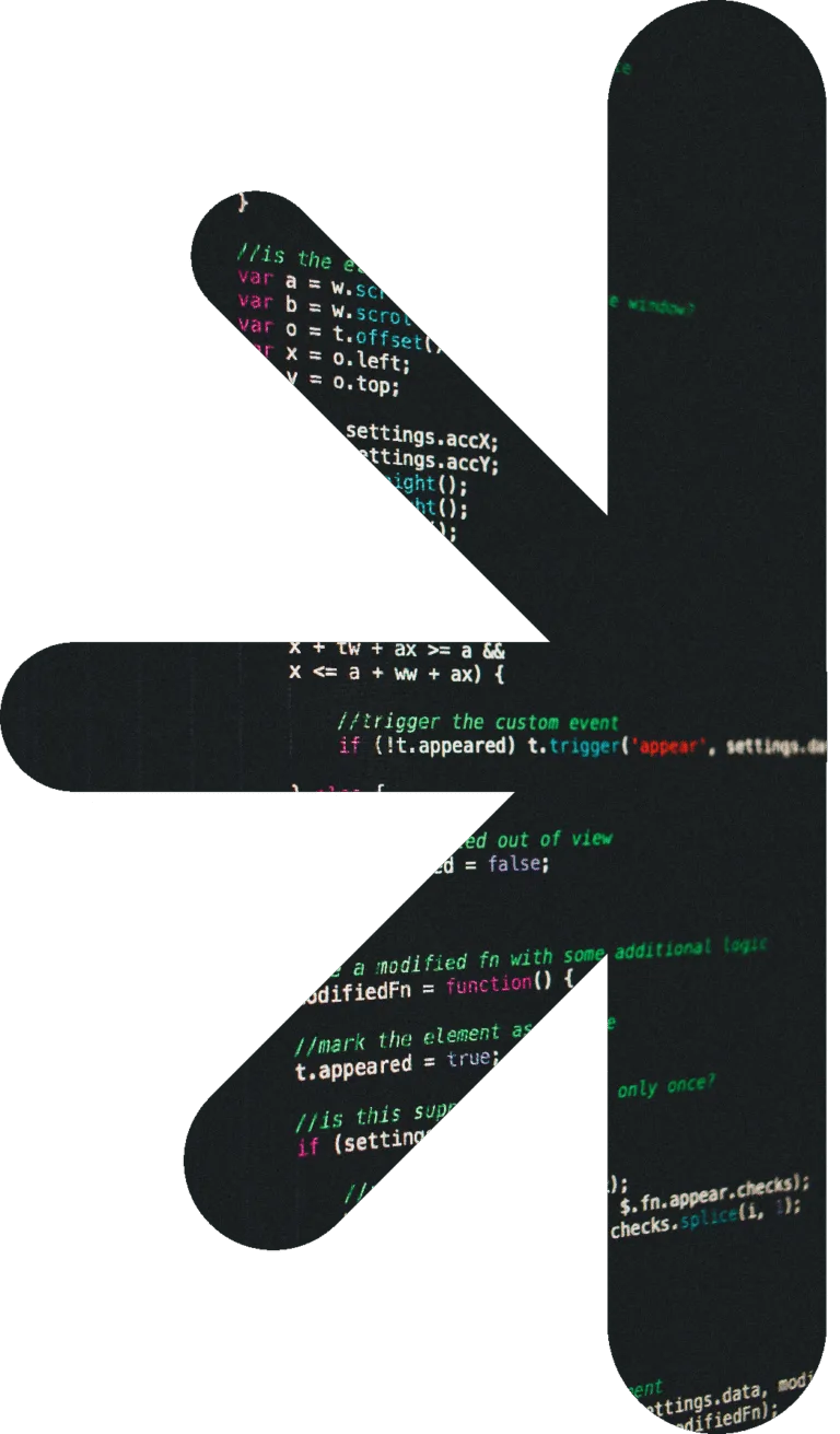 Half logo - technology code – new classic – new classic Decorative graphic: a white abstract shape overlaying a dark computer code background with colorful syntax.