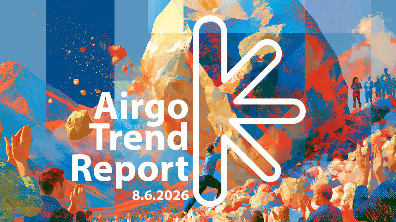 Airgo trend report: 8. 6. 2026 – new classic Cover for Airgo Trend Report 8.6.2026 with bold white text over an abstract orange‑blue artwork and a large white symbol on the right.