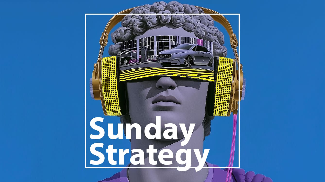 Sunday strategy (8. 9. 2026) – new classic Statue head wearing large yellow headphones with a car and city reflected in the visor, overlaid by the text “Sunday Strategy.”