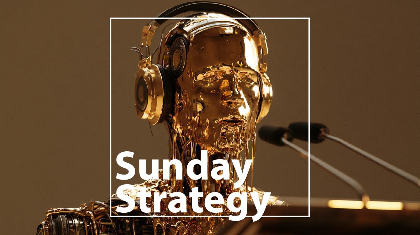 Sunday strategy (8. 16. 2026) – new classic Golden robot wearing headphones speaks into microphones for a podcast titled Sunday Strategy