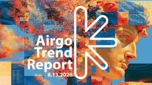 Abstract colorful collage with a bold white line-art of an airplane overlaying text that reads 'Airgo Trend Report' and the date 8.13.2026.