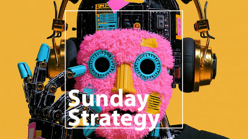 Pink fuzzy-armed robot head with bright blue goggles on a yellow background, featuring the text 'Sunday Strategy' overlay for branding.