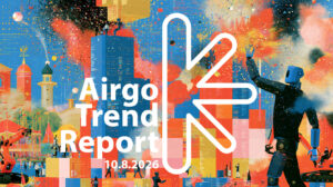 Colorful poster for Airgo Trend Report with the date 10.8.2026, featuring a large white abstract symbol, a blue skyline and a humanoid robot amid confetti and blocks of color.