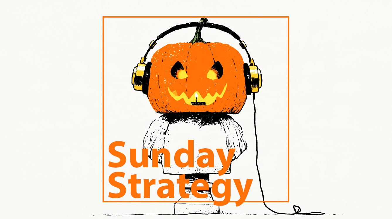 Sunday strategy (10. 18. 2026) – new classic Illustration of a carved pumpkin wearing yellow headphones inside an orange frame, with the text Sunday Strategy overlaid.