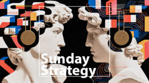 Abstract poster with two marble busts facing each other, wearing headphones, a colorful geometric background, and the text 'Sunday Strategy'.