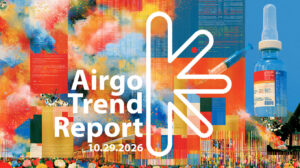 Airgo Trend Report cover with vibrant abstract collage, bold white title and date; large white emblem.