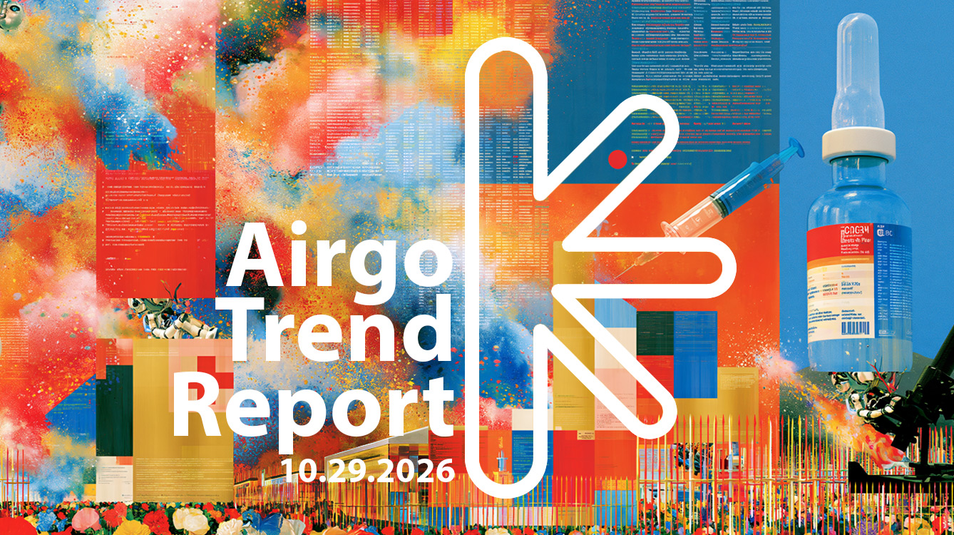 Airgo trend report: 10. 29. 2026 – new classic Airgo Trend Report cover with vibrant abstract collage, bold white title and date; large white emblem.